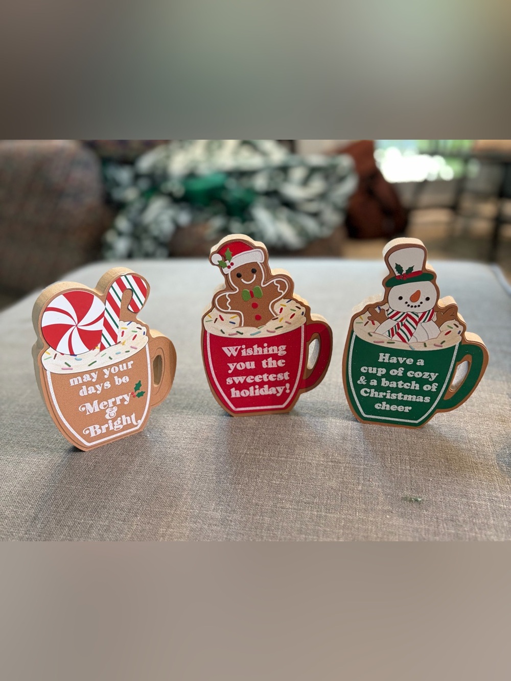 Set of 3 Christmas Hot Cocoa Mug Tabletop Signs Gingerbread Snowman